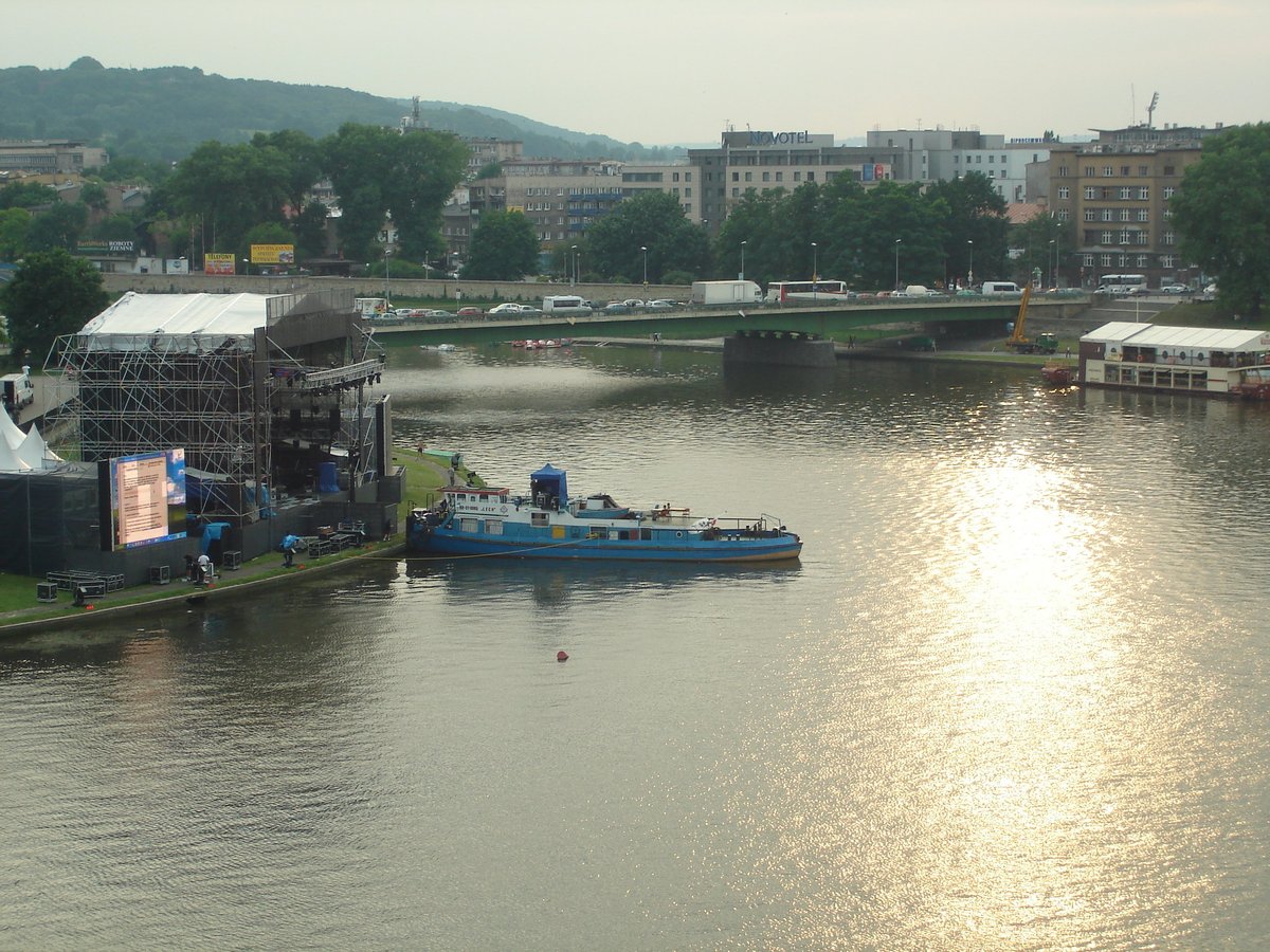 View of Kraków cityscape with historic buildings and Vistula River in Poland