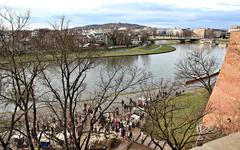View of the Vistula River banks from Wawel Castle with the Wawel Dragon under trees