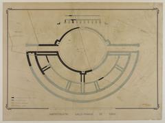 Restoration drawing of the Gallo-Roman amphitheater of Lutetia in Paris with archaeological details and modern constructions