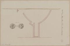 1871 pencil and ink drawing of Arènes de Lutèce archaeological excavation with displayed coins