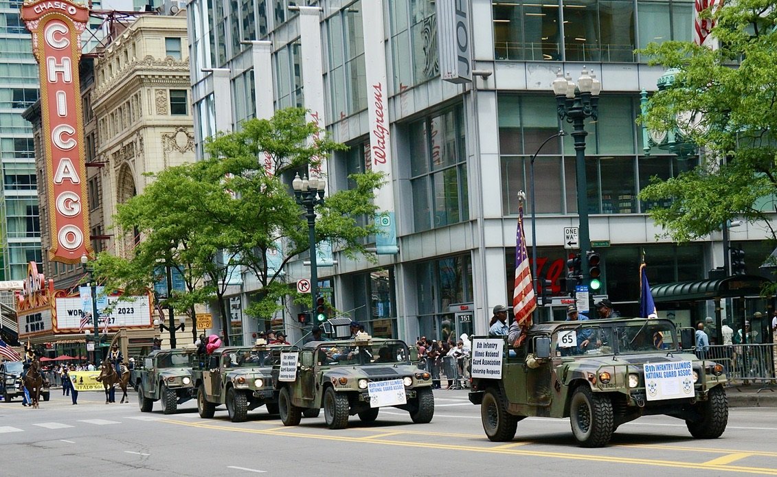 2023 Chicago Memorial Day Parade with marching band and spectators