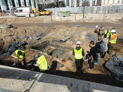 Archaeological excavation work at Krasiński Square in Warsaw during reconstruction