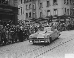 Royal visit of King and Queen to Luxembourg city tour with classic cars, 1951