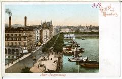 Historic black and white photo of Alter Jungfernstieg in Hamburg circa 1898 showing period buildings and street life
