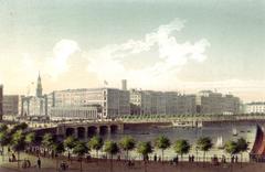 View over the Binnenalster lake towards Jungfernstieg, Alsterarkaden and Reesendammbrücke bridge circa 1855, lithograph by Wilhelm Heuer