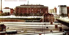 Historical view of Schweinemarkt in Hamburg with public bath and Natural History Museum, Mönckebergstraße with Hotel Berliner Hof, and tracks of Hamburg Central Station