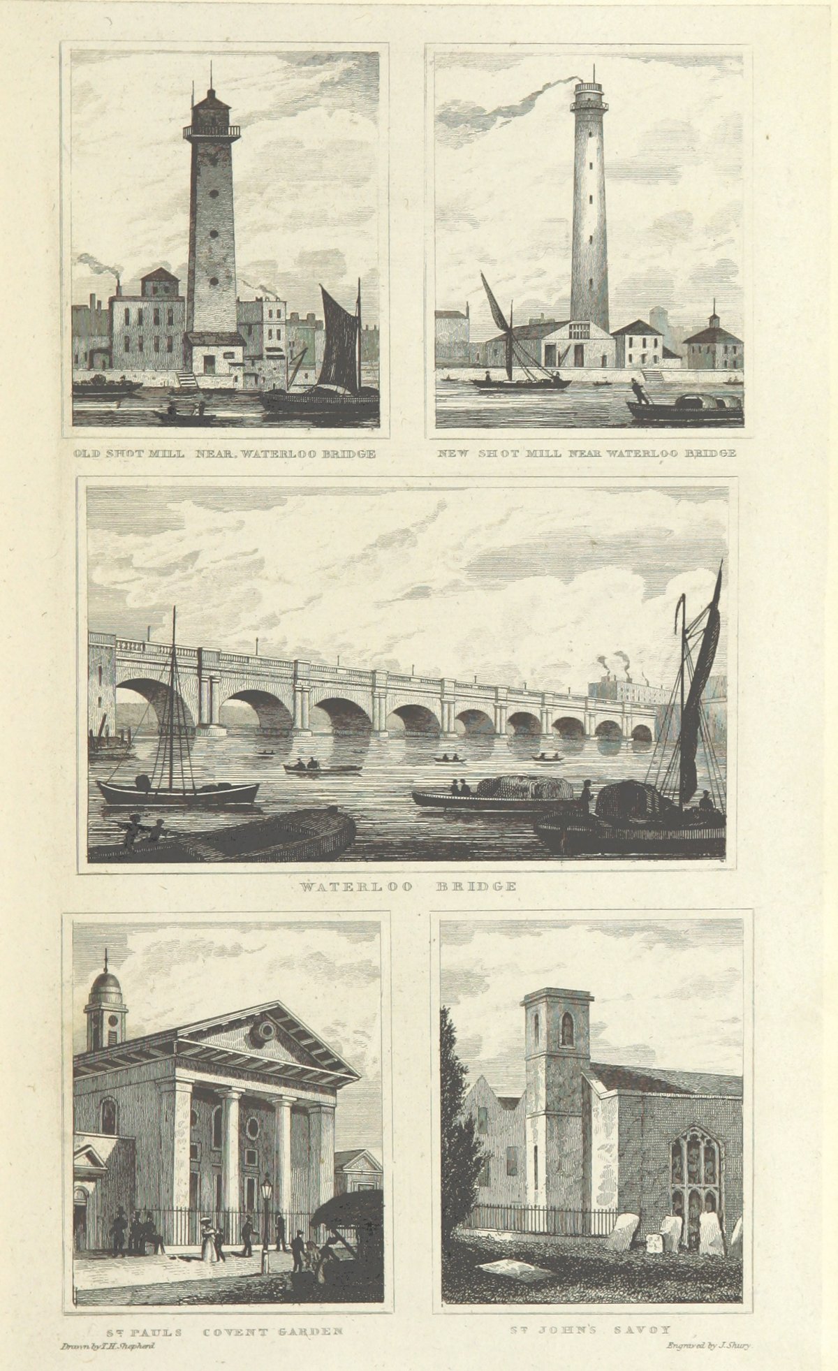 Historical black and white sketch of London cityscape with the River Thames