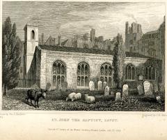 Engraving of the Savoy Chapel with donkey and three sheep in foreground