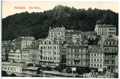 Black and white historical photograph of Alte Wiese in Karlsbad with old buildings and people from 1906