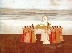Emperor Muhammad Shah being carried in a palanquin by ladies around 1735
