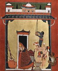 Traditional Indian painting of a woman applying mehndi