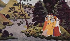 Illustration of Hindu deity Krishna playing flute with a cow and gopis, traditional Indian manuscript art