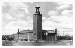 Exterior view of Stadshuset city hall building in Stockholm with its distinctive tower and architectural details