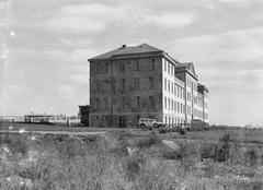 Historic black and white photograph of Landspítalinn general hospital building in Reykjavik, Iceland in 1934