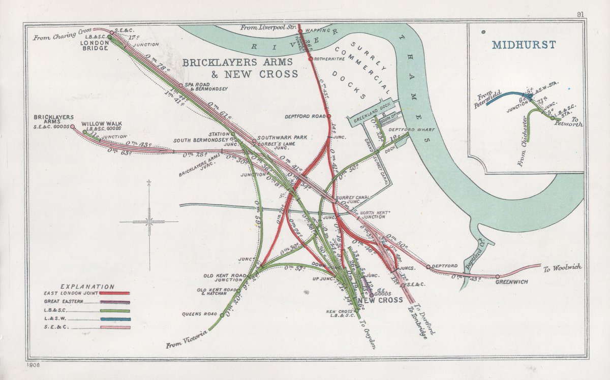 Pre Grouping railway junction near Bricklayers Arms and New Cross in South East London with additional junctions at Midhurst, West Sussex
