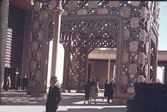 Inside view of the steel tower with gold-plated copper shields at the Polish Pavilion, New York World's Fair 1939