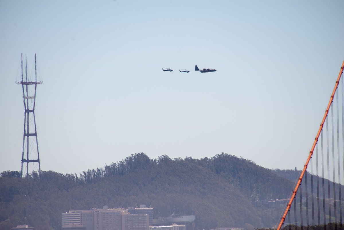 U.S. Air National Guard HC-130J Combat King II and HH-60G Pave Hawk helicopters flying over San Francisco Bay Area on Memorial Day 2020