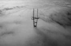 Monochrome aerial view of Sutro Tower in San Francisco