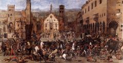 Historic painting depicting the expulsion of the Bonacolsi family from Mantua