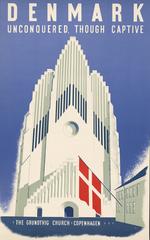 Art Deco style World War II poster of Copenhagen's Grundtvig Church with Danish flag