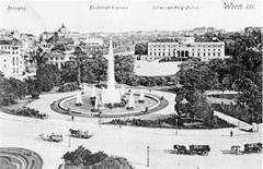 Historic Schwarzenbergplatz square in Vienna in 1905 with vintage buildings and old tram