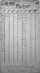 Prisoner library borrowing card from Buchenwald concentration camp for Karl Fischer, prisoner number 76999, Block 42D, black and white photo