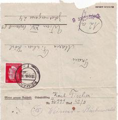 Letter from Karl Fischer, prisoner number 76999, from Buchenwald concentration camp with postal stamp Weimar 1, dated October 13, 1944