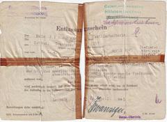 Release certificate of Maria Fischer from Leipzig-Kleinmeusdorf women's prison dated April 20, 1945