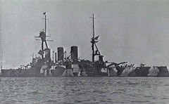Georgios Averof battleship in dazzle camouflage paint at Bombay Harbor during 1942