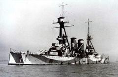 RHNS Georgios Averof battleship in camouflage paint at RN Bombay Station 1942