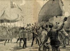 Launch of the battleship Sardegna at the La Spezia Arsenal, moment of entering the sea, woodcut illustration