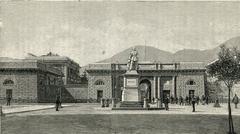 La Spezia main gate of the Arsenal and General Chiodo monument woodcut