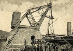 The large hydraulic crane at the Spezia Arsenal, the first erected in Italy, shown in a woodcut illustration