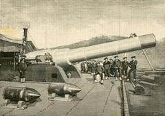 Historical woodcut of the Margherita cannon at the naval arsenal of La Spezia