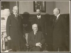 Group of former pagers gathered in Copenhagen at the funeral of Dowager Empress Maria Fyodorovna in 1928, featuring Alexander Feodorovitj Trepov seated and Sergej Nikolajevitj Pototskij, Sergej Valerjanovitj Melnitskij, Sergej Sergejevitj Lodysjenskij standing