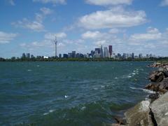 Aerial view of Leslie Street Spit with green vegetation and water surrounding it