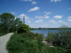 View of Leslie Street Spit with greenery and water under clear blue sky