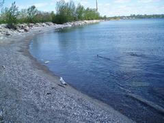View of Leslie Street Spit extending into Lake Ontario with green vegetation and clear blue water