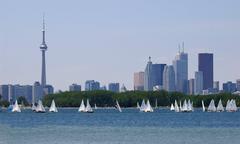 Aerial view of Leslie Spit in Toronto with surrounding water and cityscape