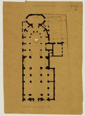 Architectural drawing of Saint-Jacques-du-Haut-Pas church in Paris, detailed plan and elevation from 1861 on tracing paper with pencil and wash techniques