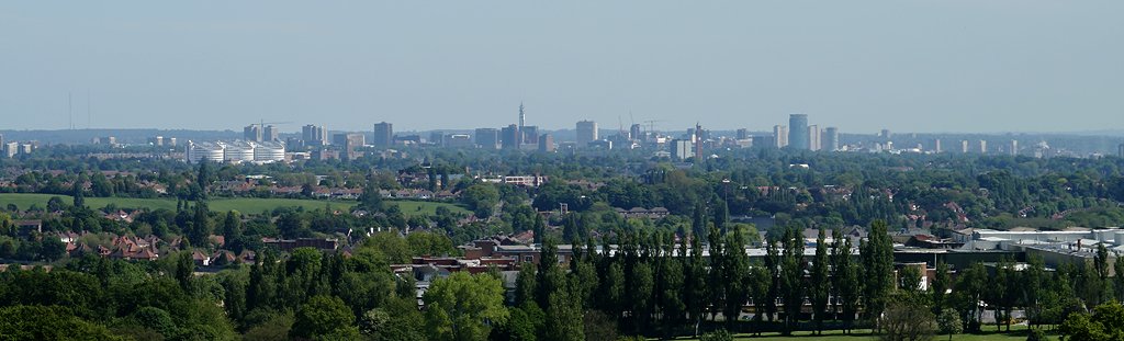 Panoramic view of Birmingham city from the Lickey Hills with the Longbridge plant in the foreground