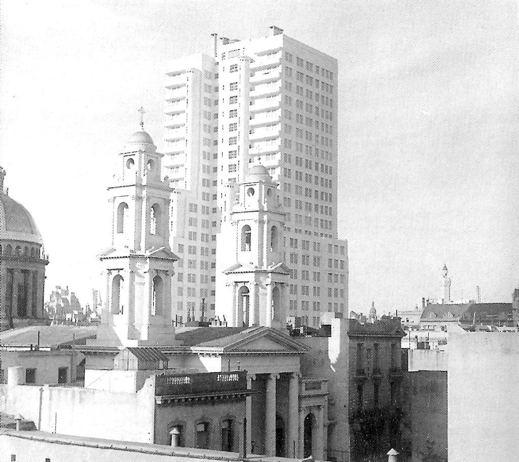 Ministry of Public Works building from 1936 now Ministry of Health and Our Lady of Monserrat Church from 1859 viewed from the west