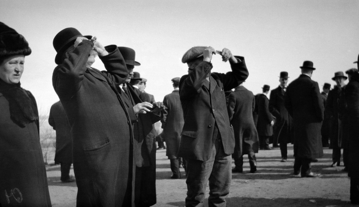 Viewing a solar eclipse at Tähtitornin vuori in black and white negative nitrate photograph