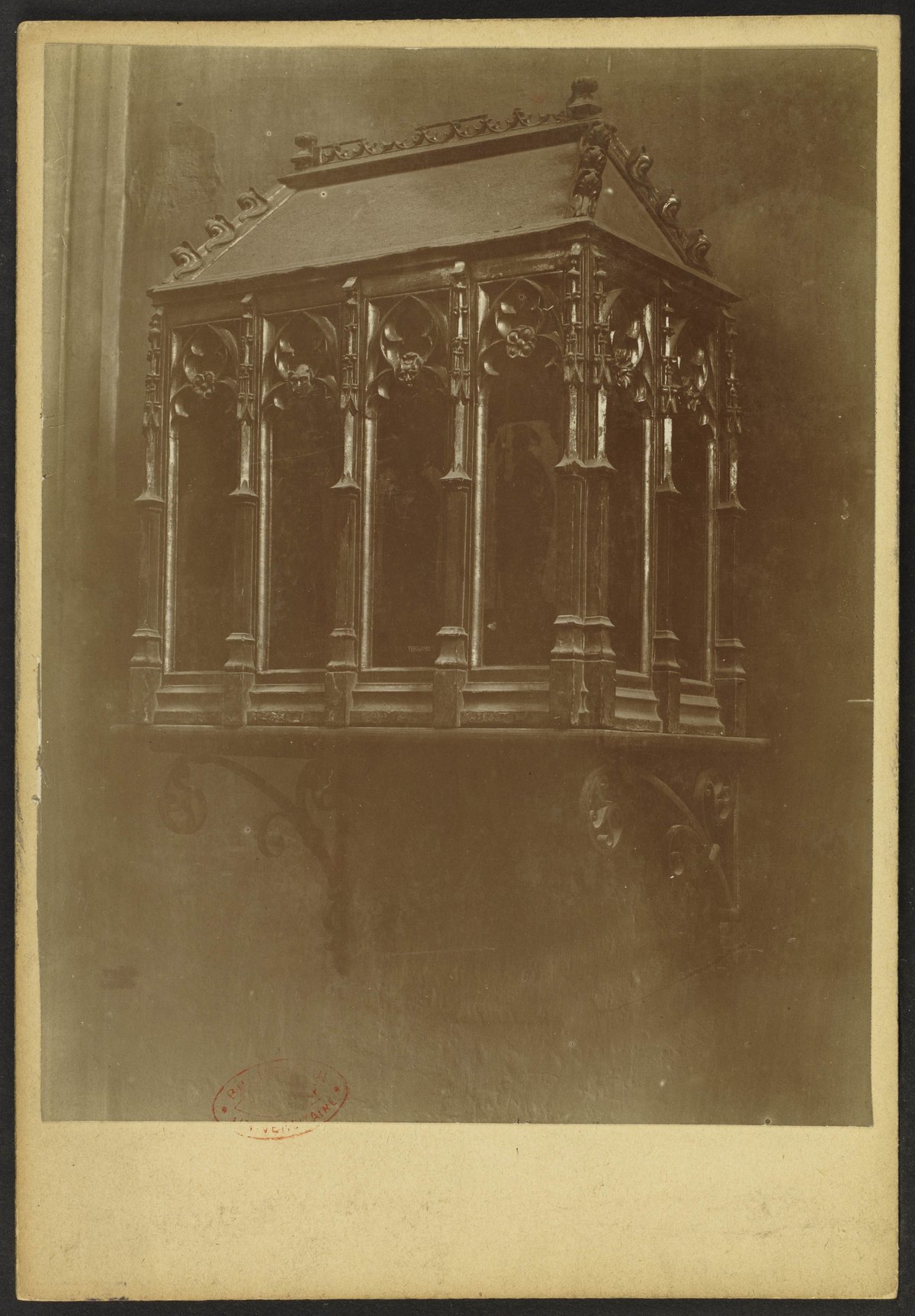 Wooden gilded reliquary with painted Apostles, 91 cm long, displayed in Sainte-Anne chapel