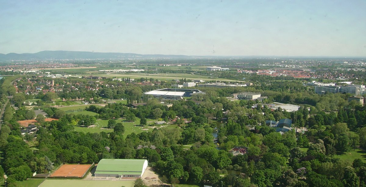 Fernmeldeturm Mannheim telecommunications tower with Benz Stadion in foreground