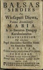 Title page of the 1726 Lithuanian book Balsas sirdies pas Wieszpati Diewa by Pranciškus Šrubauskis published in Vilnius