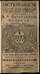Title page of Konstantinas Sirvydas's 1713 book Dictionarium trium lingvarum, a Polish-Latin-Lithuanian dictionary, published in Vilnius