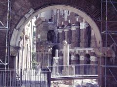 Scenic view of ancient ruins and modern buildings in Rome on July 14, 2006