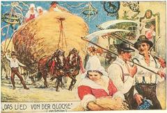 Vintage illustration of a horse-drawn wagon swaying heavily in motion, artwork by Hans Volkert from 1905