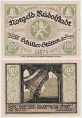 German Notgeld banknote from Rudolstadt 1921 front and back showing Friedrich Schiller's Das Lied von der Glocke